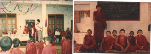 First Gomang School Building which was built in the year 1985. The below are new building inauguration ceremony, on present of Ex Drepung Tisur Rinpoche as a chief Guess along with Gomang Monastery Administrative Staffs & Students. The School Head Master Mr. Thupten Gelek is reading out the programme of the day. 